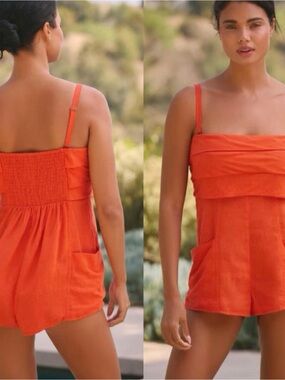 NWT $78 Anthropologie Red Strapless Linen Pull-On w/ Pockets Romper L